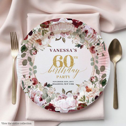 Vintage Boho Burgundy Blush Gold Roses Plates ペーパープレート