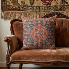 Vintage Boho Floral Kilim Rust Terracotta & Teal クッション