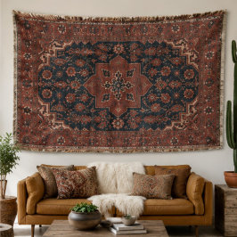 Vintage Boho Floral Kilim Rust Terracotta & Teal スローブランケット
