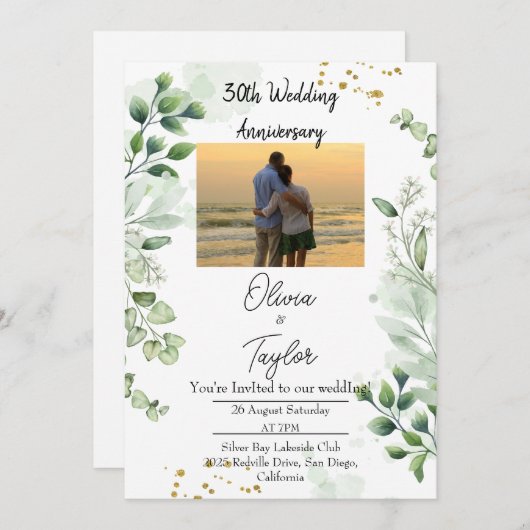 Vintage Boho Greenery Wedding Anniversary  招待状 (正面/裏面)