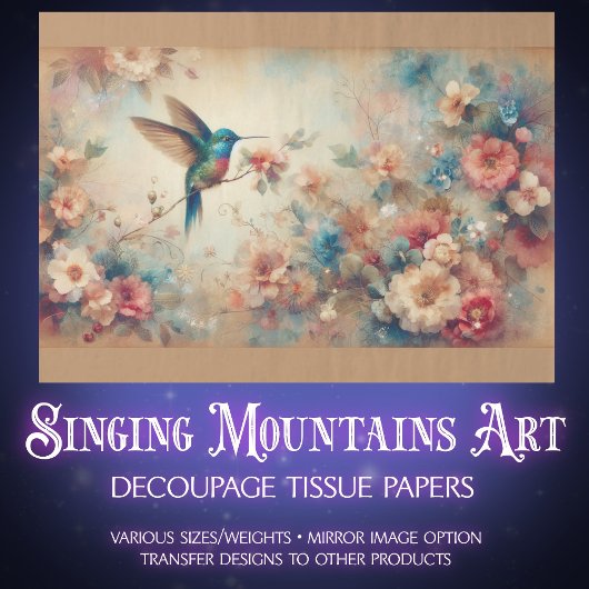 Vintage Boho Hummingbird and Flowers Decoupage 薄葉紙