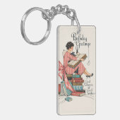 Vintage Book Lover Birthday Illustration キーホルダー (正面左)