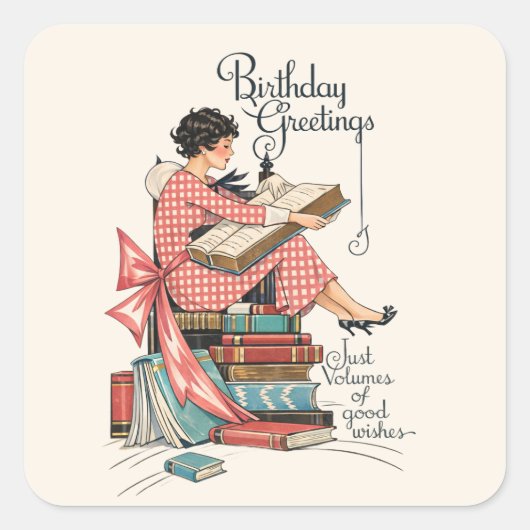 Vintage Book Lover Birthday Illustration スクエアシール (正面)
