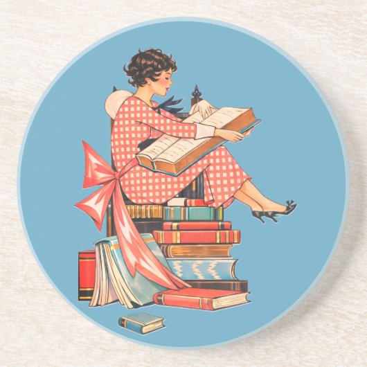 Vintage Book Lover Reading Illustration コースター (正面)