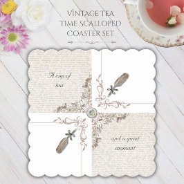 Vintage Book Lover Tea Time Scalloped Coasters ペーパーコースター