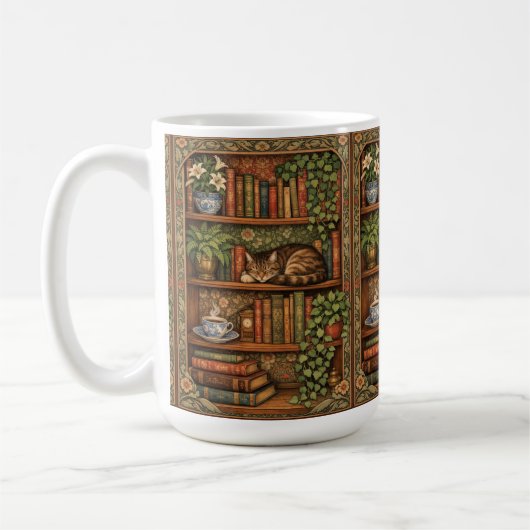 Vintage book shelf with cat and coffee コーヒーマグカップ (左)