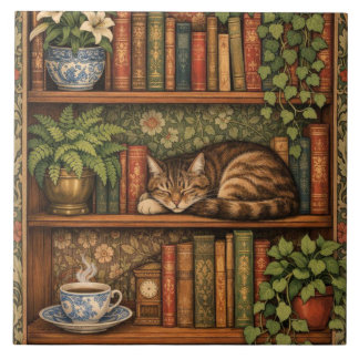 Vintage book shelf with cat and coffee タイル
