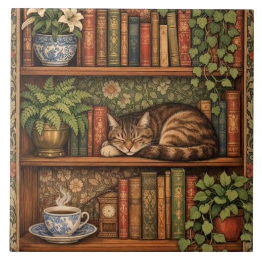 Vintage book shelf with cat and coffee タイル (正面)