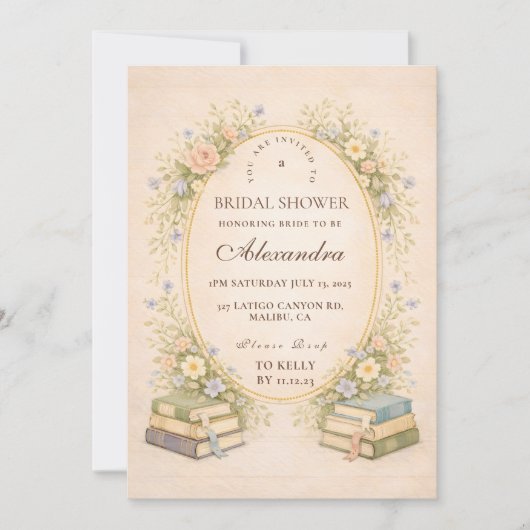 Vintage Bookstack Garden Bridal Shower 招待状 (正面)