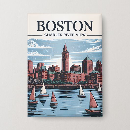 Vintage Boston Massachusetts Cityscape & Sailboats 缶バッジ (正面)