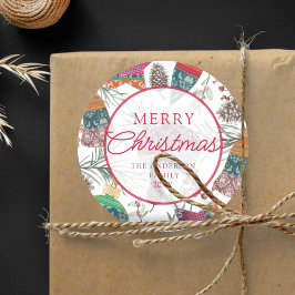 Vintage Botancial Red Merry Christmas ラウンドシール