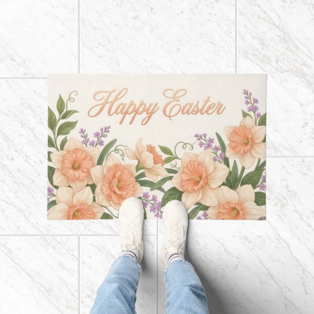 Vintage Botanical Apricot Tulip Easter Welcome Mat ドアマット (室内)