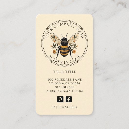 Vintage Botanical Bee Logo Template 名刺 (正面)