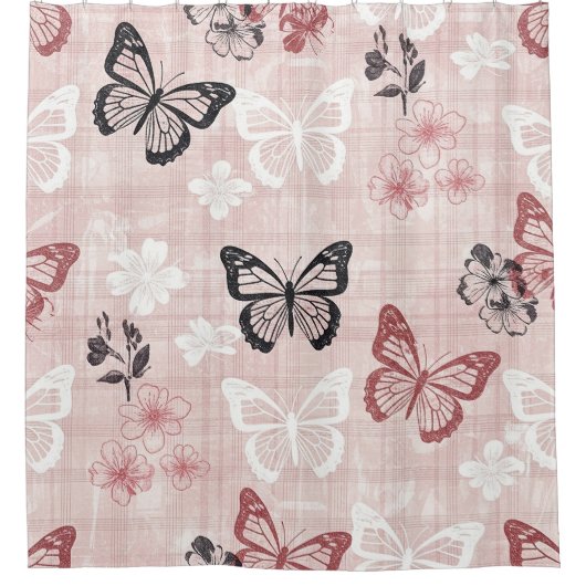 Vintage Botanical Butterfly Toile Pattern (1) シャワーカーテン (正面)