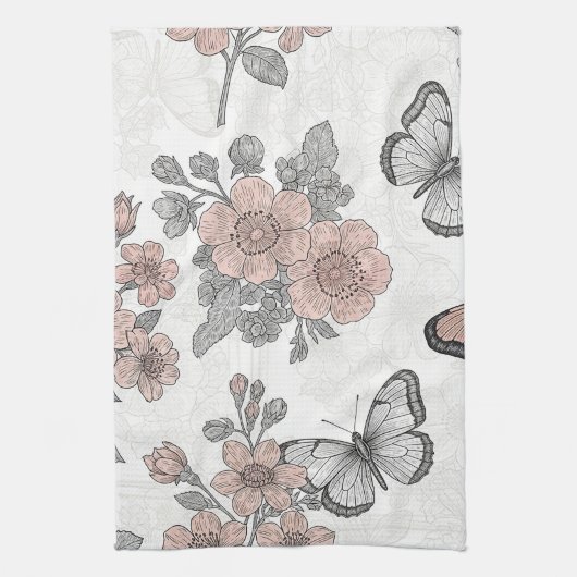 Vintage Botanical Butterfly Toile Pattern (2) キッチンタオル (縦)