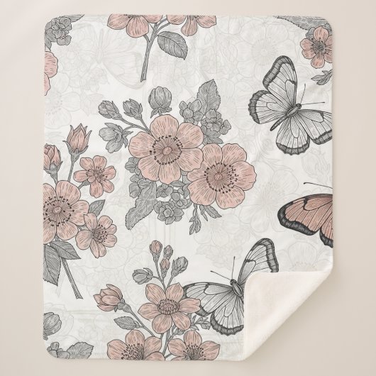 Vintage Botanical Butterfly Toile Pattern (2) シェルパブランケット (正面)