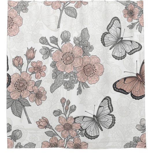 Vintage Botanical Butterfly Toile Pattern (2) シャワーカーテン (正面)