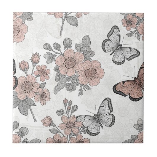 Vintage Botanical Butterfly Toile Pattern (2) タイル (正面)