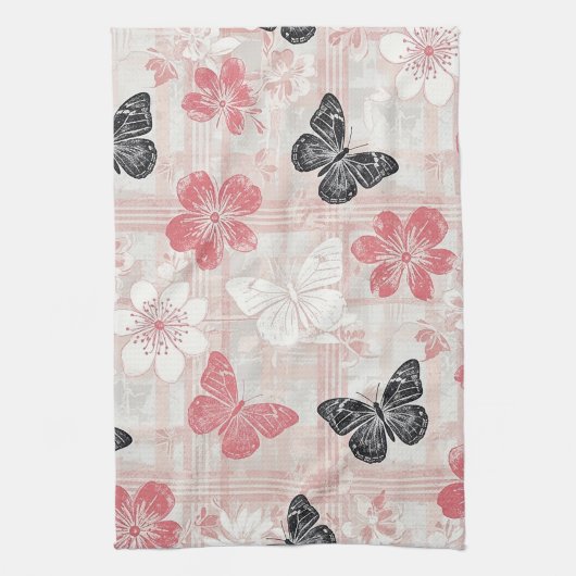 Vintage Botanical Butterfly Toile Pattern (3) キッチンタオル (縦)