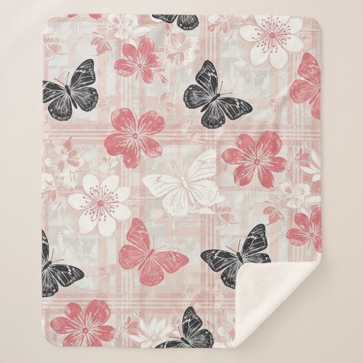 Vintage Botanical Butterfly Toile Pattern (3) シェルパブランケット (正面)