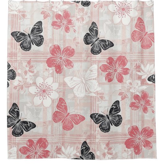 Vintage Botanical Butterfly Toile Pattern (3) シャワーカーテン (正面)