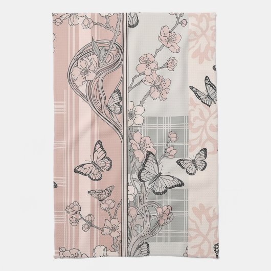 Vintage Botanical Butterfly Toile Pattern (4) キッチンタオル (縦)