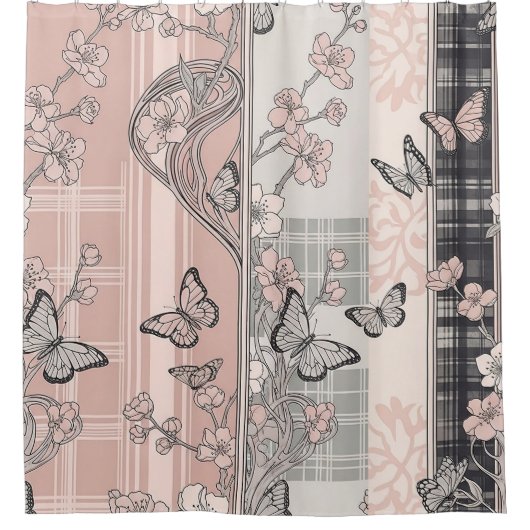 Vintage Botanical Butterfly Toile Pattern (4) シャワーカーテン (正面)