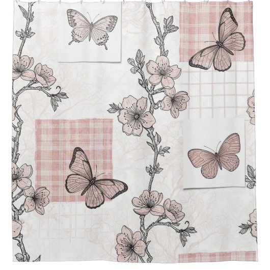 Vintage Botanical Butterfly Toile Pattern (5) シャワーカーテン (正面)