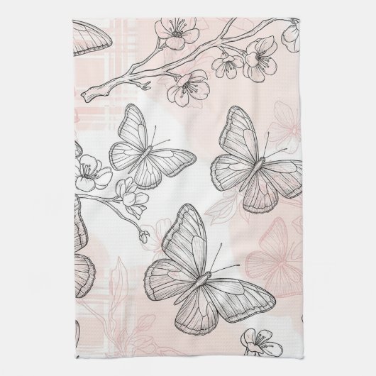 Vintage Botanical Butterfly Toile Pattern (6) キッチンタオル (縦)