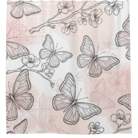 Vintage Botanical Butterfly Toile Pattern (6) シャワーカーテン (正面)