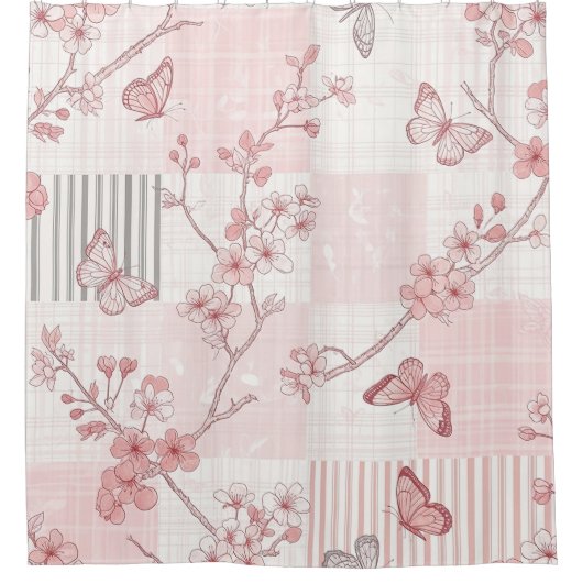 Vintage Botanical Butterfly Toile Pattern (7) シャワーカーテン (正面)