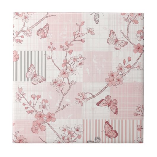 Vintage Botanical Butterfly Toile Pattern (7) タイル (正面)