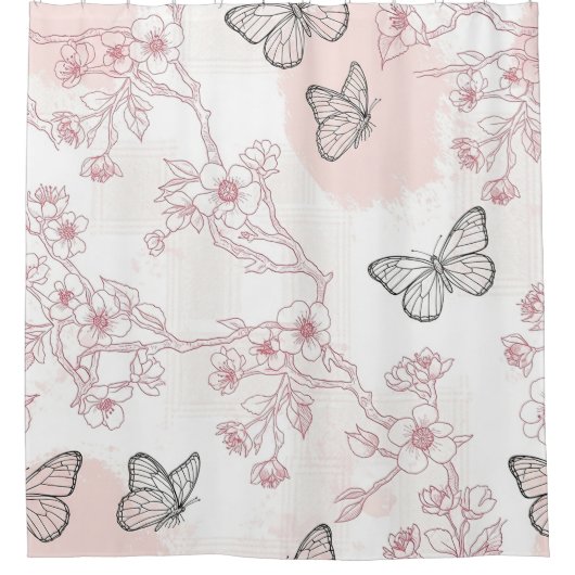 Vintage Botanical Butterfly Toile Pattern (8) シャワーカーテン (正面)