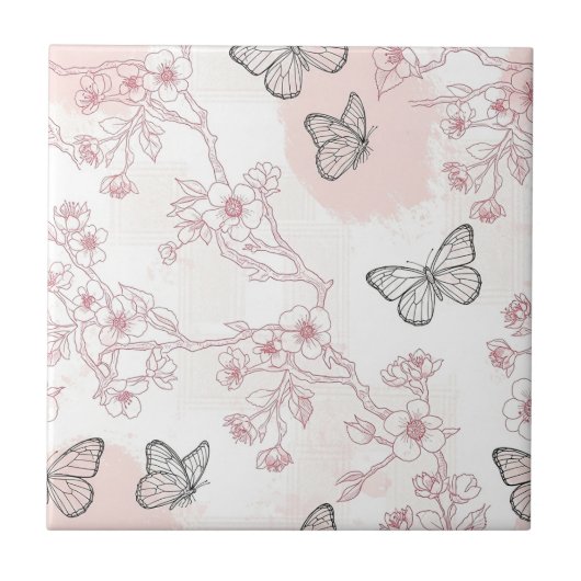 Vintage Botanical Butterfly Toile Pattern (8) タイル (正面)
