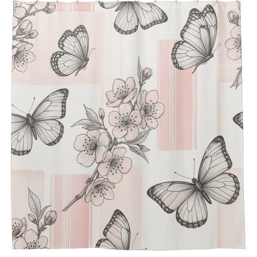 Vintage Botanical Butterfly Toile Pattern (9) シャワーカーテン (正面)