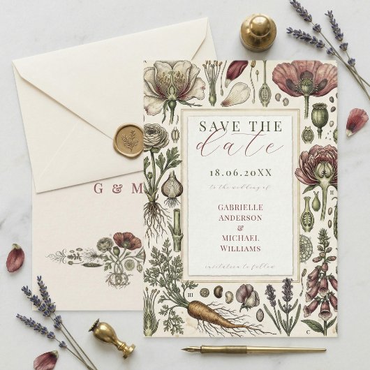 Vintage Botanical Herbs Vegetables Save The Date セーブザデート