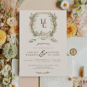 Vintage Botanical Monogram Crest Elegant Wedding 招待状