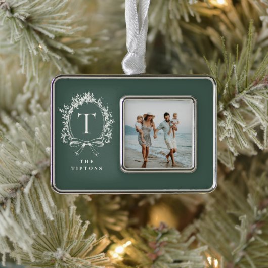 Vintage Botanical Monogram Green シルバープレートフレームオーナメント (ツリー)