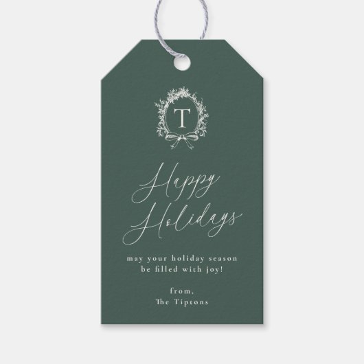 Vintage Botanical Monogram Green Holiday ギフトタグ (正面)