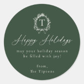 Vintage Botanical Monogram Green Holiday ラウンドシール (正面)