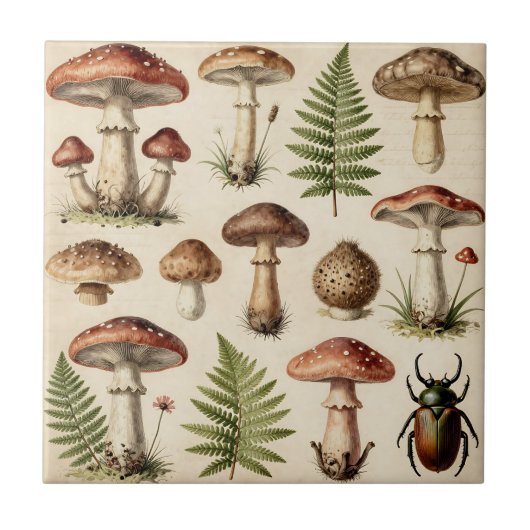 Vintage Botanical Mushroom Fern Collage タイル (正面)