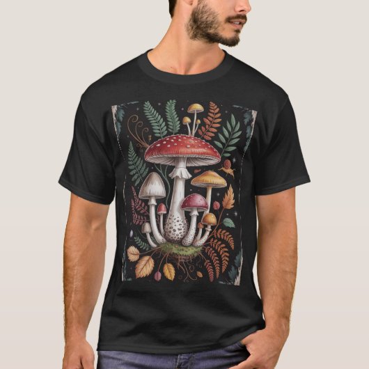 Vintage Botanical Mushroom & Fern Fantasy Illustra Tシャツ (正面)