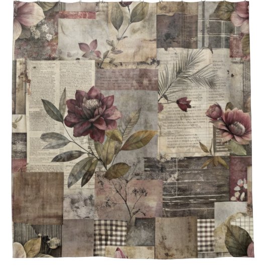 Vintage Botanical Patchwork Rustic (1) シャワーカーテン (正面)
