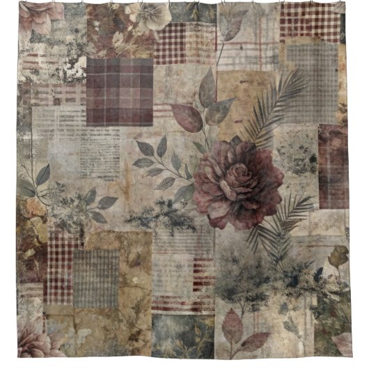 Vintage Botanical Patchwork Rustic (2) シャワーカーテン (正面)