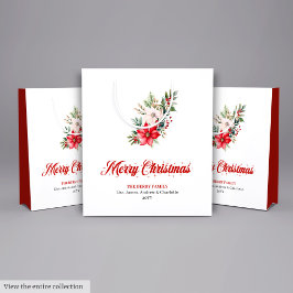 Vintage Botanical Red Poinsettia Holiday Gift Bag ミディアムペーパーバッグ