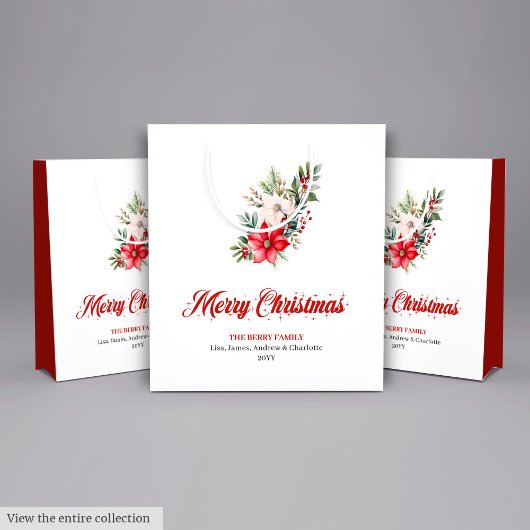 Vintage Botanical Red Poinsettia Holiday Gift Bag ミディアムペーパーバッグ