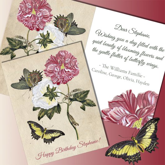 Vintage botanical roses butterfly Birthday カード