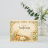 Vintage Botanical Thanksgiving Pumpkin Harvest シーズンポストカード (スタンド正面)
