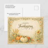 Vintage Botanical Thanksgiving Pumpkin Harvest シーズンポストカード (正面/裏面)