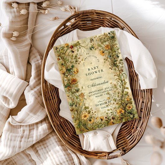 Vintage Botanical Wildflower Baby Shower 招待状